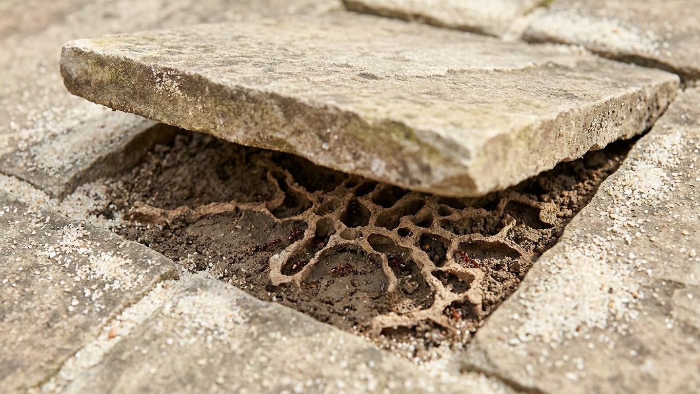 I brushed fresh jointing sand between my patio slabs every spring just to keep it neat: the day I lifted one slab, I saw w...