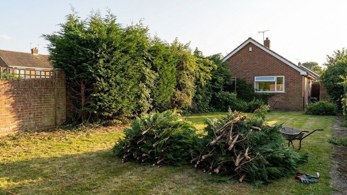 I cut my neighbour's leylandii back to the fence line myself just to get the light into the kitchen again: three days late...