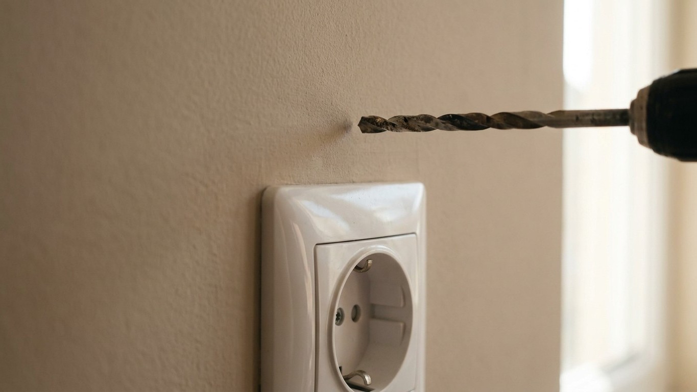 I drilled my shelf 30 cm above the socket just to get it level with the window: the moment the bit went in, I understood w...