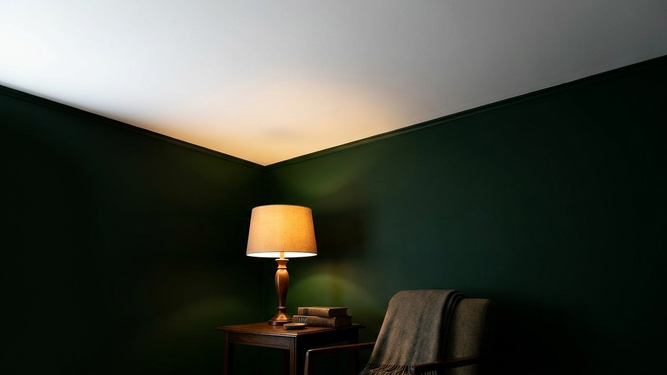 I painted my ceiling pure brilliant white above a deep green wall just to keep the room bright: the evening the lamps came...