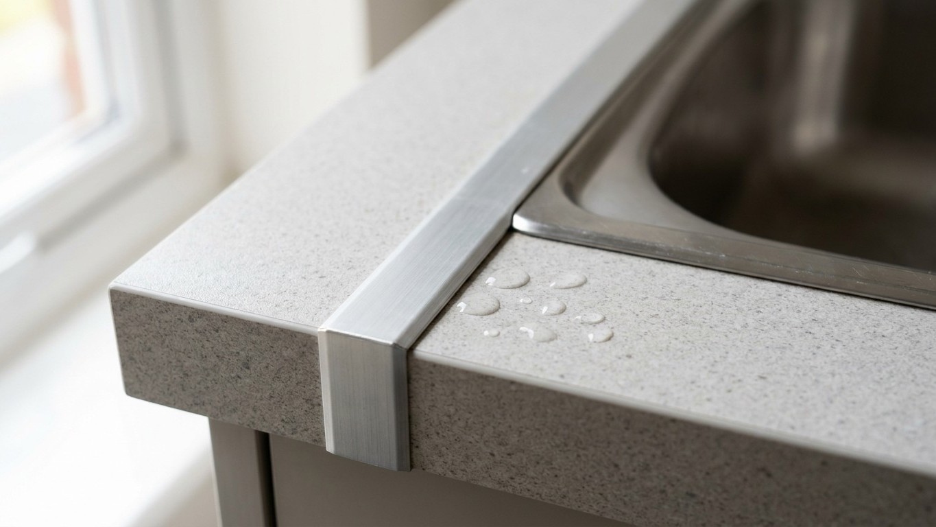 I screwed the aluminium strip across my worktop corner just to close the gap: two years later, pulling out the sink unit, ...