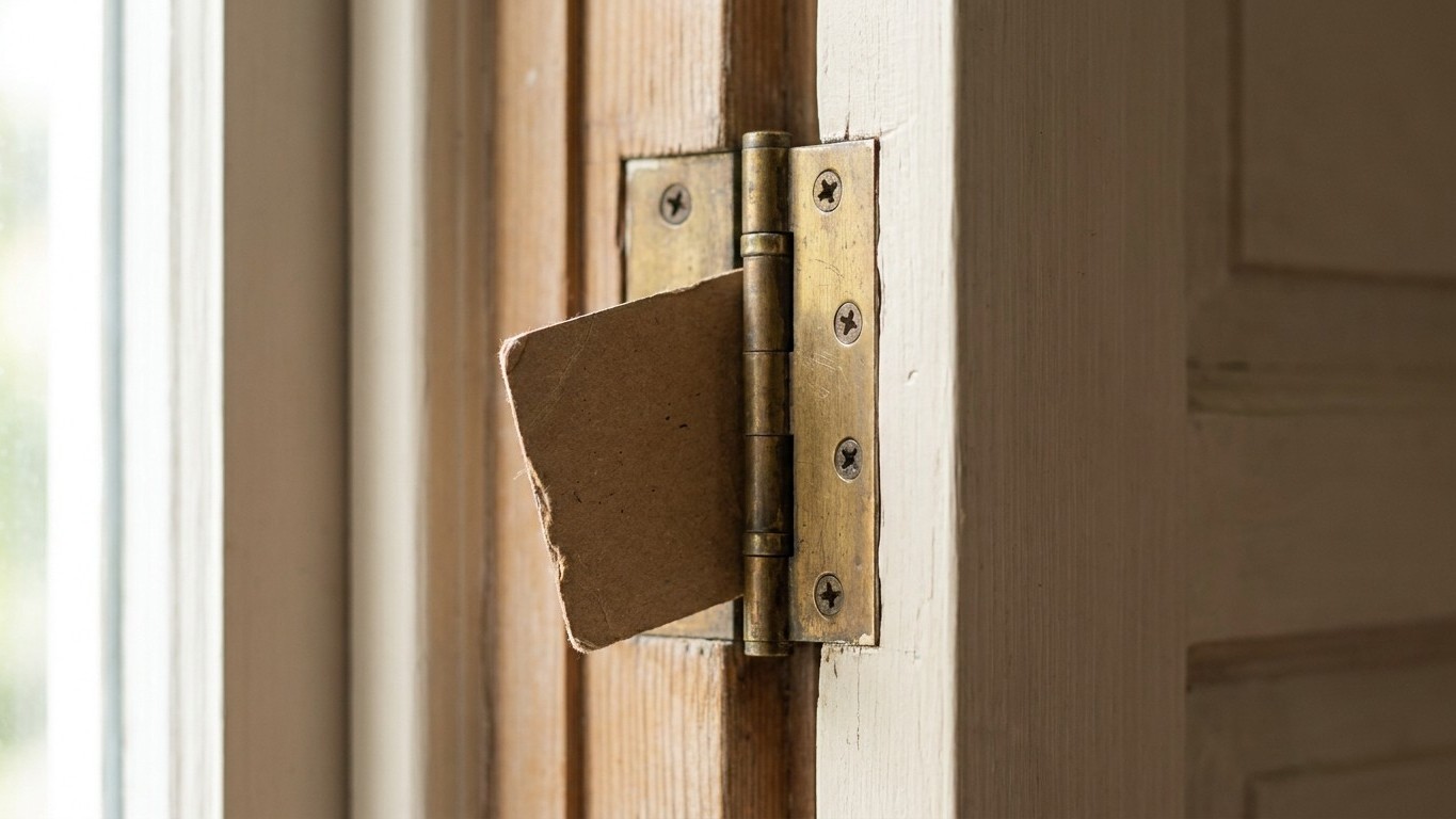 Nobody planes the edge of a catching door any more: here's what goes in behind the hinge instead (and it costs nothing)